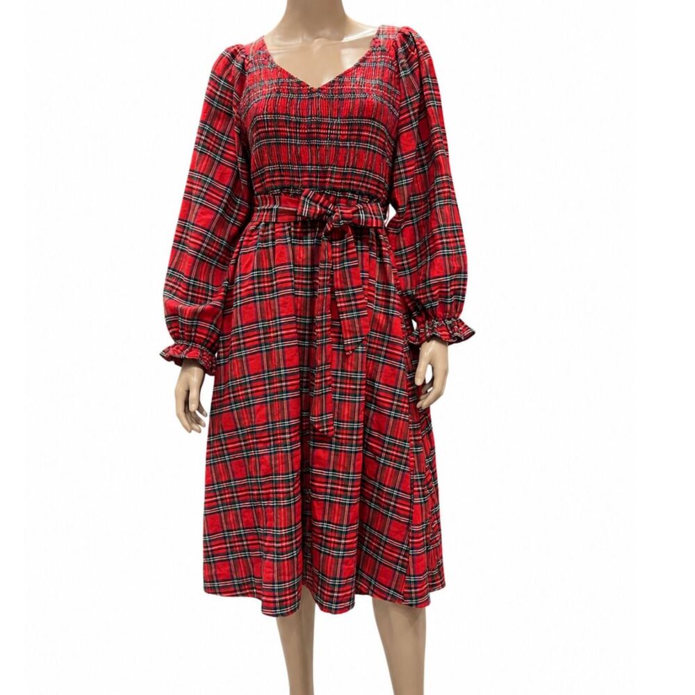 Jodifl Red Tartan Plaid Smocked Tie Waist Midi Christmas Holiday Dress Sz M